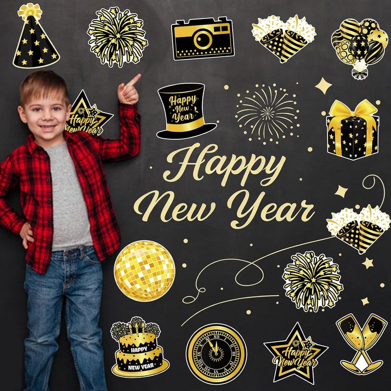 Machomby 48Pcs New Year Paper Cutouts, Black Gold New Years Eve Cut Outs Bulletin Board Decor for Home Office Classroom Chalkboard Window Wall Door New Years Eve Party Decorations 2026 - Image 2